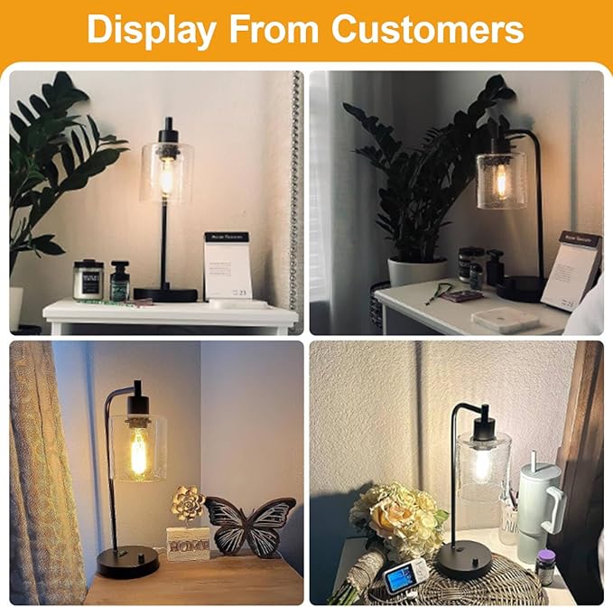 Set of 2 Industrial Table Lamps with USB Port, Fully Stepless Dimmable Bedside Lamps for Bedrooms, Nightstand Desk Lamp with Clear Glass Shade for Reading Living Room Office 2 LED Bulb Included