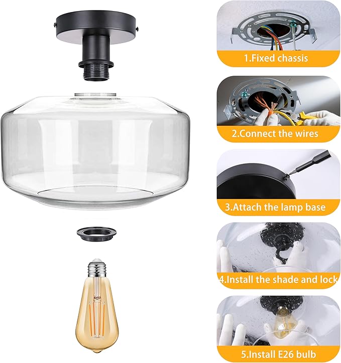 Semi Flush Mount Ceiling Lights, Industrial Ceiling Light, Glass Pendant Lamp Shade,11.8'' Inches Pendant Light Fixtures for Hallway, Entryway, Farmhouse, Kitchen (Seeded Glass)