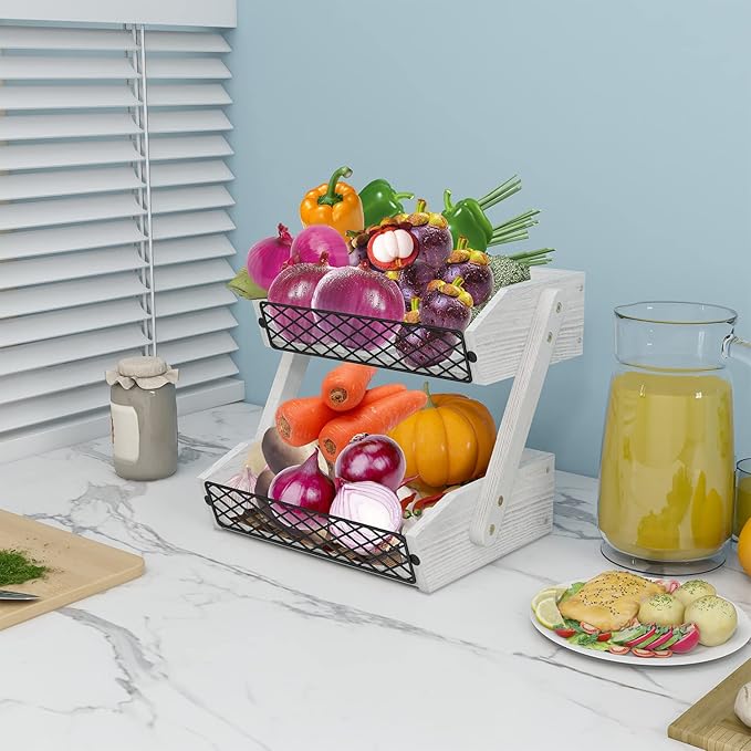 Dorhors Fruit Basket for Kitchen, 2 Tier Fruit Bowl,Kitchen Counter Organizer,Wooden Vegetable Holder for Countertop,Bread Storage Basket Stand (Rustic White)