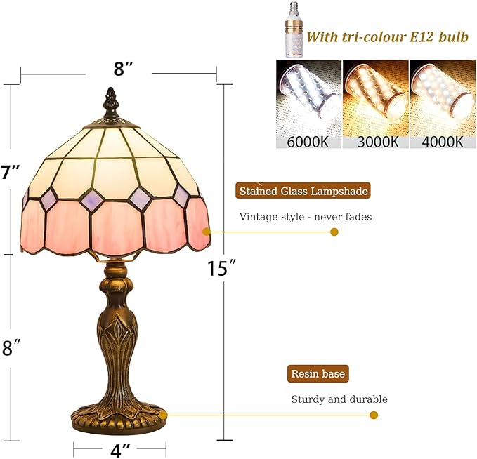 Tiffany-Style 8 Inch Table Lamp Mediterranean Series Stained Glass Lampshades Small Bedside Lamp Reading Antique Desk Light Livingroom Bedroom Office Vintage Art Deco Victorian(Color:Pink)