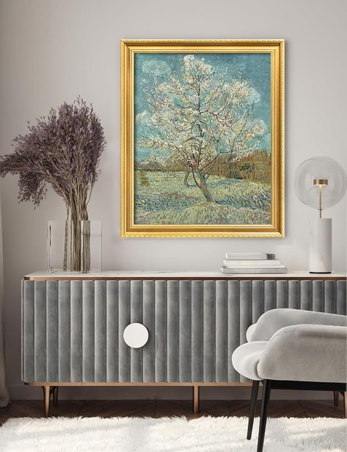 DECORARTS - Vincent van Gogh's The Pink Peach Tree. Museum-Quality Giclee Print on Cotton Canvas, Gold Solid Wood Frame, Framed Size: 34.75x28.75 in, Made in USA