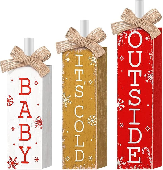 3 Pcs Winter Tiered Tray Decor Christmas Tabletop Decor Rustic Farmhouse Wooden Table Block Sign and Centerpieces It's Cold Outside Sign for Winter Wonderland Decorations Xmas Home Shelf