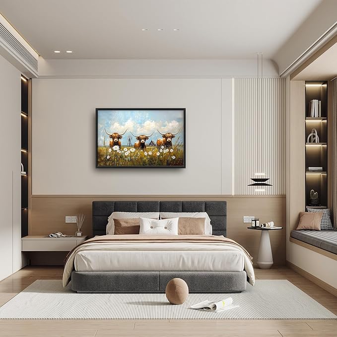 Flintis Large Highland Cow Barn Framed Wall Art Farmhouse Highland Cattle Daisy Pictures Wall Decor Abstract Canvas Painting Print Artworks Framed for Living Room Bathroom Master Bedroom 36L X 24W