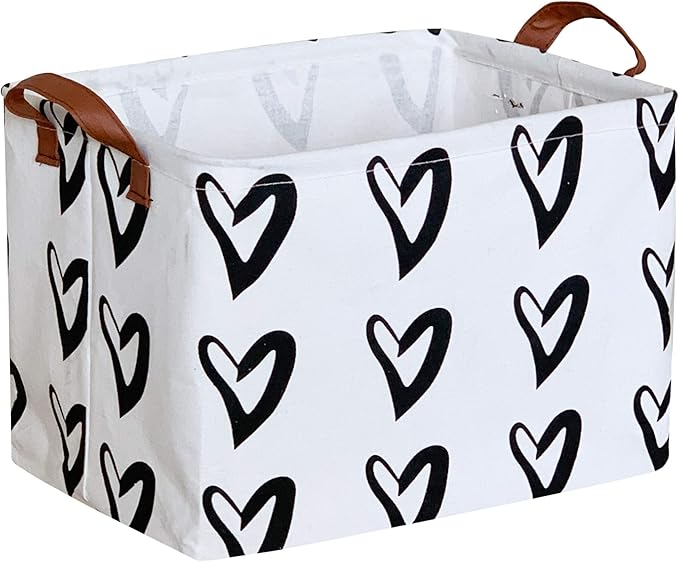CLOCOR Heart Rectangular Basket, Cute Pattern Storage Bin, Collapsible Waterproof Storage Box with Handles for Kids, Gift Baskets, Shelf Basket (Black Hearts)