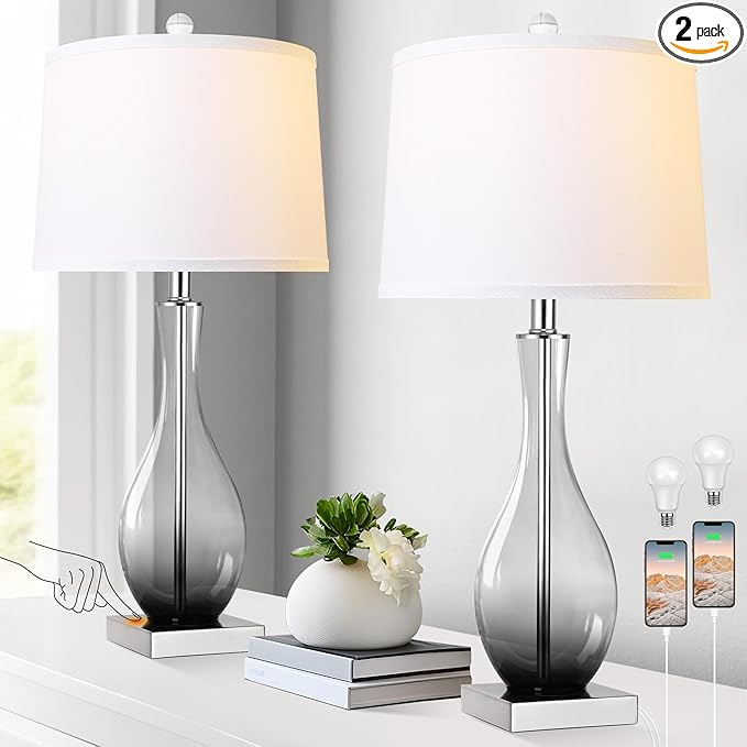 Table Lamps Set of 2 with Touch Control, 3-Way Dimmable Modern Glass Table lamp for Living Room with USB C and A Charging Ports， 27" Bedside Desk Lamps for Nightstand Decorations(LED Bulbs Included)