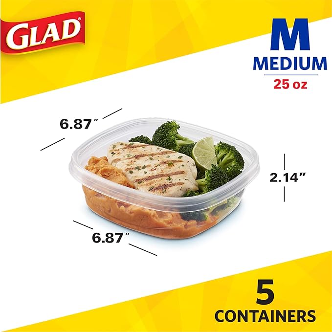 Glad GladWare Entrée Food Storage Containers, Medium Square - Meal Container Holds up to 25 Ounces of Food - Lock Tight Seal, 5 Count - 2 Pack