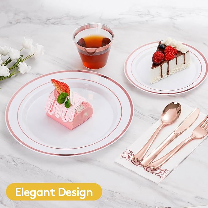 Goodluck 700 Piece Rose Gold Dinnerware Set for 100 Guests, Plastic Plates Disposable for Party, Include: 100 Dinner Plates, 100 Dessert Plates, 100 Paper Napkins, 100 Cups, 100 Silverware Set