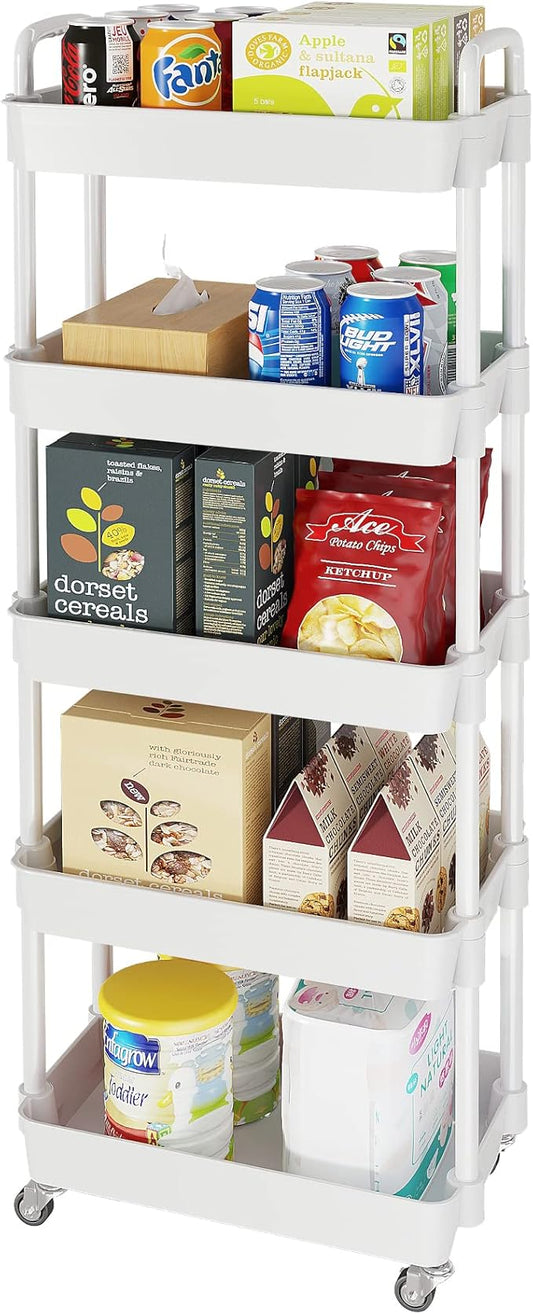 Laiensia 5-Tier Rolling Cart with Wheels,Multifunction Utility Storage carts, Kitchen Storage Organizer,Mobile Shelving Unit for Bathroom,Laundry,with Classified Stickers,White