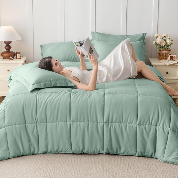 JOLLYVOGUE Queen Comforter Set, Ultra-Soft Bed in a Bag Queen Size 7 Pieces, Oeko-TEX Certified Bedding Set with Down Alternative Comforter, Sheets, Pillowcases & Shams, Sage Green
