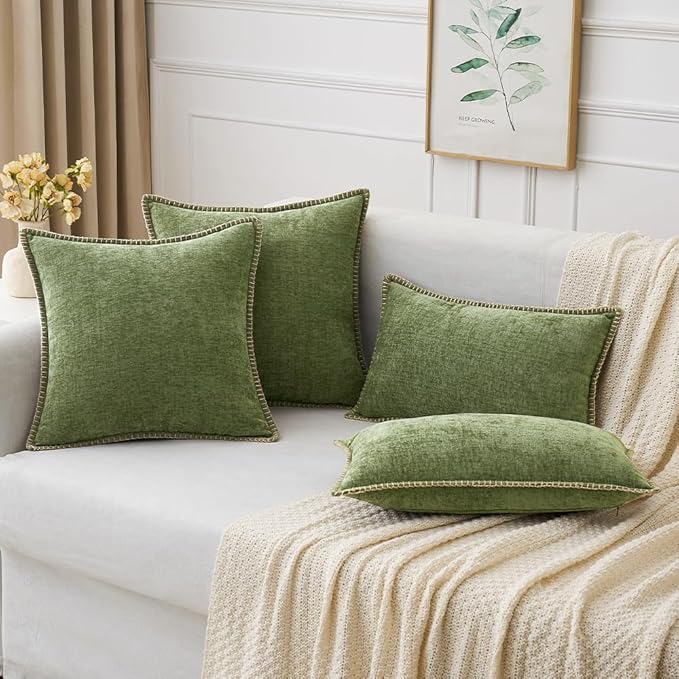 MIULEE Pack of 2 Couch Throw Pillow Covers 20x20 Inch Sage Green Farmhouse Decorative Pillow Covers with Stitched Edge Soft Chenille Solid Dyed Spring Pillow Covers for Sofa Bed Living Room