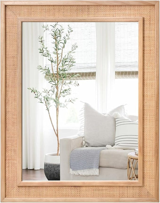 Rattan Wall Mounted Mirror 24"x32" Wood Framed Farmhouse Hanging Bathroom Mirror Decorative Rectangle Wall Mirror Leaning Against for Bedroom Living Room