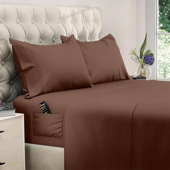 DREAMCARE Twin XL Sheets Set - 4 Pcs Cooling Bed Sheets with Up to 15" Deep Pockets - Soft, Long-Lasting 100% Brushed Polyester with Side Pocket (Mocha Brown)