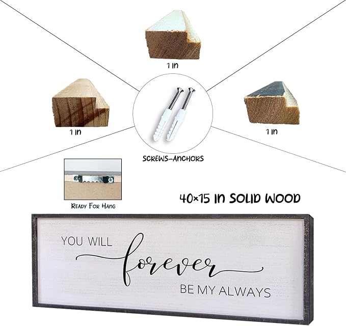 Surfapans You Will Forever Be My Always Sign Wall Decor 40”X15” Bedroom Above Bed Farmhouse Large Master Room Soild Wooden Framed Home Rustic Guest Room Minimalist Over Bed Hanging Art Wall (Black)