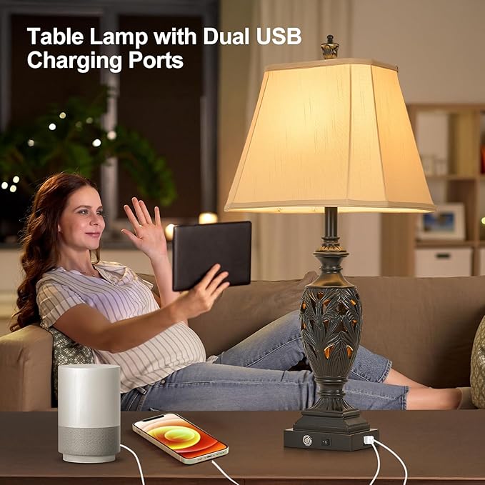 29.5" H Touch Traditional Table Lamp Set of 2,Vintage Bedside Nightstand Lamps with Dual USB and Night Light, 3-Color Hollow Out Leafwork Black Gold Finish Desk Lamps for Living Room,Bedroom