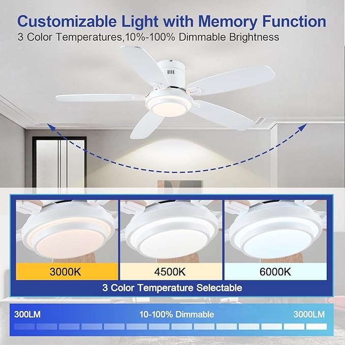 Low Profile Ceiling Fan with Lights and Remote/APP, 50 Inch Modern Flush Mount Ceiling Fan with 3CCT 6-Speeds Quiet DC Motor,Dimmable 3-Color Temperatures for Living Room Bedroom(White)