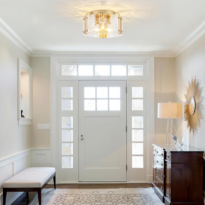 TOULMJ 15'' Semi Flush Mount Ceiling Light, Gold Morden Hallway Light Fixture 3-Light Ceiling Light Fixture with Seeded Glass Shade for Dining Room Hallway Entryway Bedroom Laundry Room