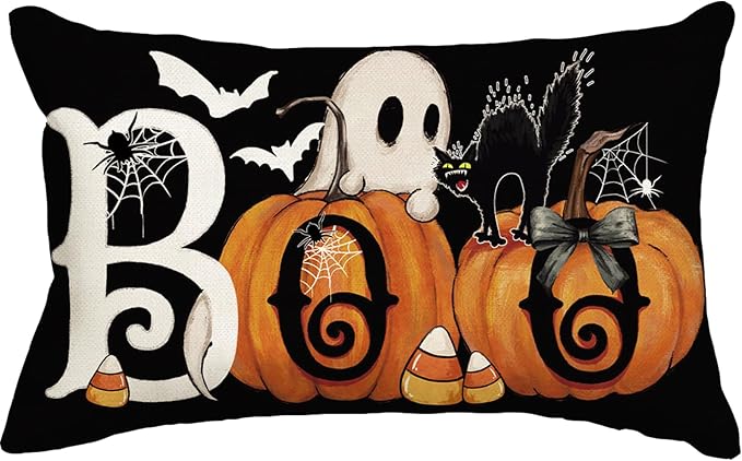 Baccessor Halloween Pillow Cover 12x20 Inch, Black Boo Ghost Spooky Lumbar Pillow Case Halloween Decor for Cushion Sofa Couch Indoor Outdoor Decoration 1 Piece