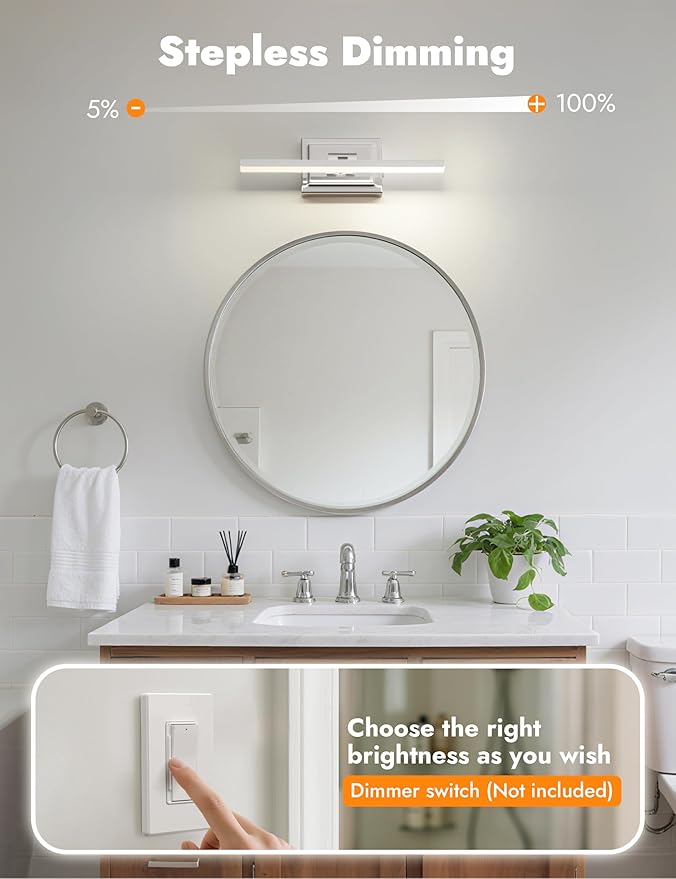 NIORSUN 15.7 Inch Modern Bathroom Light Fixture, 12W 5CCT Dimmable LED Chrome Bathroom Vanity Lights Over Mirror, Vanity Lights for Bathrooms Restroom Mirror- ETL Certified