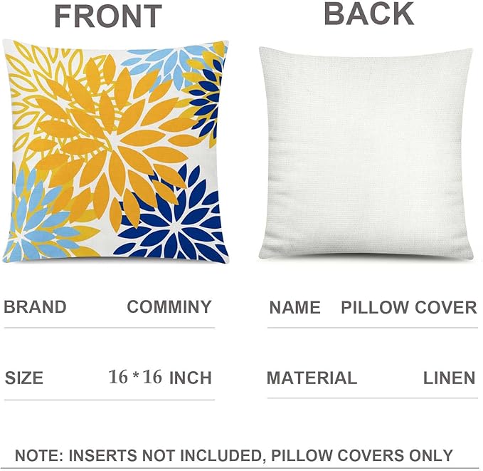 Blue Orange Pillow Covers 16x16 Set of 6, Yellow Blue Throw Pillow Cover for Couch, Daisy Dahlia Flower Pillowcase for Sofa Bedroom Living Room Farmhouse Home Decor