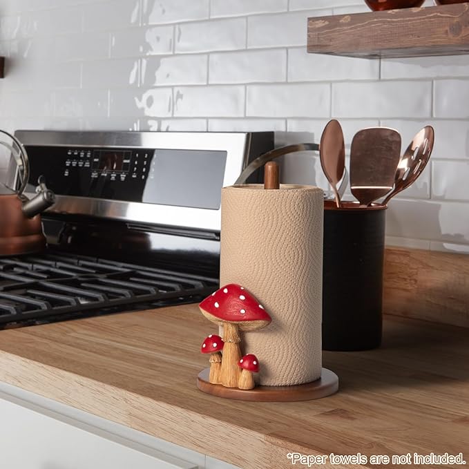 Mushroom Paper Towel Holder - Cottagecore Decor Mushroom Kitchen Home Cottagecore Accessories Cute Stuff, Unique Wood Paper Towel Holder Stand Kitchen Countertop 12.5×7 in