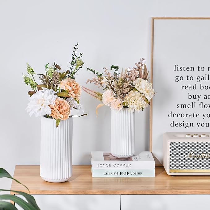 White Ceramic Flower Vase for Pampas Grass, 8 inch Small Decorative Centerpiece Ribbed Vase for Dining Table, Office Desktop, Shelf Bookshelf, Mantel, Entryway, Bathroom, Countertop, Farmhouse, Gift