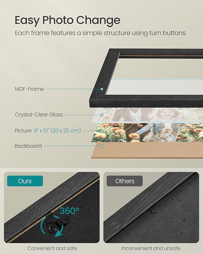 SONGMICS Picture Frames, Collage Picture Frames Set of 10, Two 11x14, Four 8x10, Four 5x7, Photo Frame for Wall Gallery Decor, Table Display, Glass, Ink Black URPF110B01