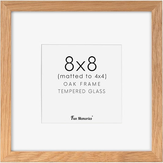8x8 Picture Frame, Solid Oak Wood 8 x 8 Picture Frames Matted to 4 x 4,Square 8 x 8 Wood Frame with Tempered Real Glass, Rustic 8x8 Photo Frame for Wall & Tabletop Display