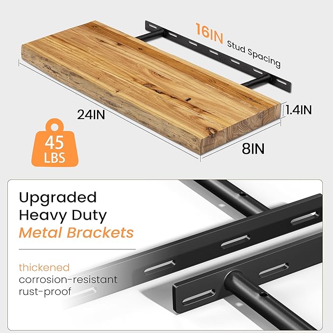 Fun Memories Floating Shelves Set of 2, Rustic Solid Elm Wood Wall Shelves 24 Inch - Invisible Bracket Mount for Living Room, Kitchen, Bathroom - Natural