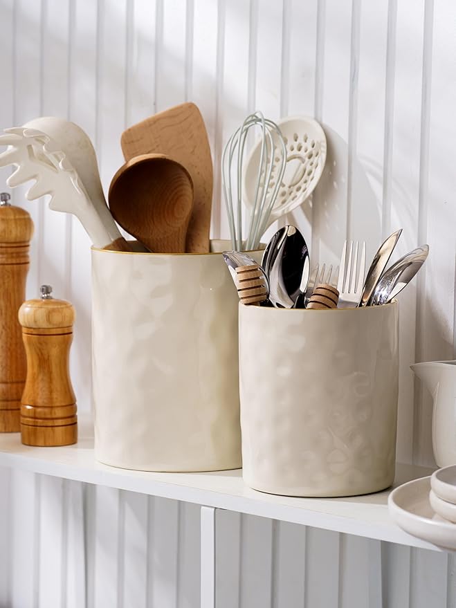 famiware Ocean Utensil Holder, 7.2"+5.8" Ceramic Kitchen Utensil Holder for Countertop, Cooking Utensil Crocks, Utensil Organizer for Spatula & Spoon, Kitchen Decor, Set of 2, Vanilla White