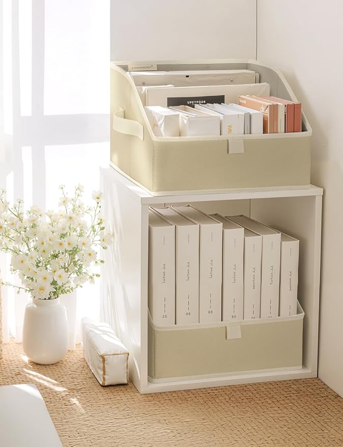 StorageWorks Closet Storage Bins, Trapezoid Organizer Box for Shelves, Fabric Clothes Bin, Foldable Organizing Baskets with Handles, Small, Light Brown, 3-Pack