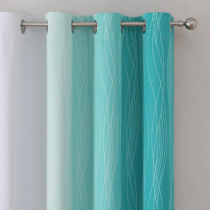 Estelar Textiler Teal and Greyish White Blackout Curtains 45 Inch Length, Light Blocking Gradient Drapes for Kitchen, Thermal Insulated Grommet Ombre Curtains for Bathroom,52Wx45L,2 Panels