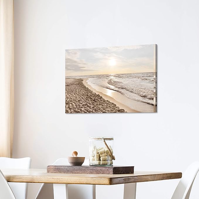 Sunset Beach Picture Wall Art: Sea Waves Canvas Painting Contemporary Ocean Scenery Coastal Artwork Tropical Nature Sands Seaside Seacape Prints for Modern Bathroom Living Room Bedroom