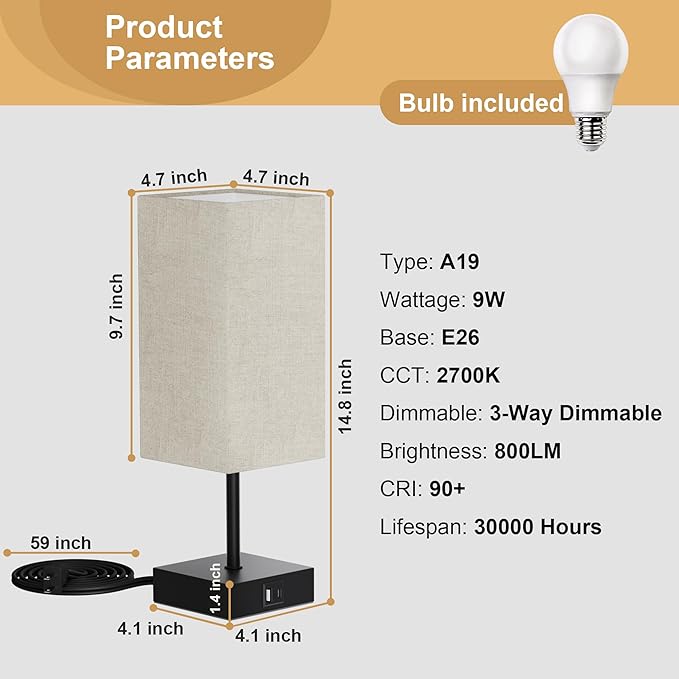 Sailstar Touch Bedside Lamp for Bedroom Set of 2, 3 Way Dimmable Table Lamp with USB C+A Charging Ports, Small Nightand Lamps for Bedroom Decor, Living Room, Home, LED Bulbs Included, Upgraded Beige