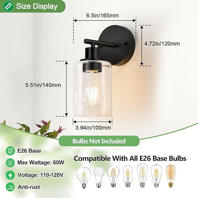 Set of 2 Wall Sconces for Bathroom,Black Modern Vanity Lights with Clear Glass Shade,Bathroom Wall Lamp for Mirror Kitchen Living Room Hallway Cabinet Porch