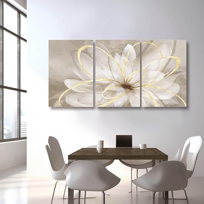 Kureful Gold Wall Art Pictures for Bedroom Flowers Wall Decor Floral Posters Art 3 Piece Wall Decorations Minimalist Decor for Walls 20"x 26"x 3