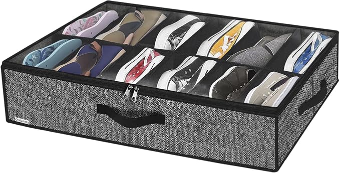 Onlyeasy Under Bed Shoe Storage Organizer with Sturdy Handles and Clear Window 1 Pack Fits 12 Pairs, Premium Foldable Underbed Shoes Container Box for Closet, Linen-like Black, MXAUBSB1P