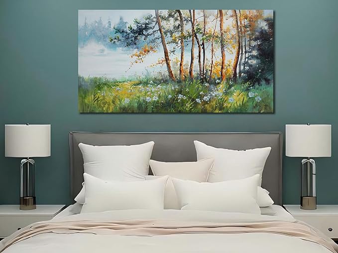 Ardemy Tree Wall Art Canvas for Living Room Landscape Textured Green Forest Painting Nature Flower Picture Bedroom Teal Scenery Artwork Framed Kitchen Home Office Wall Decor, Extra Large 58"x29"