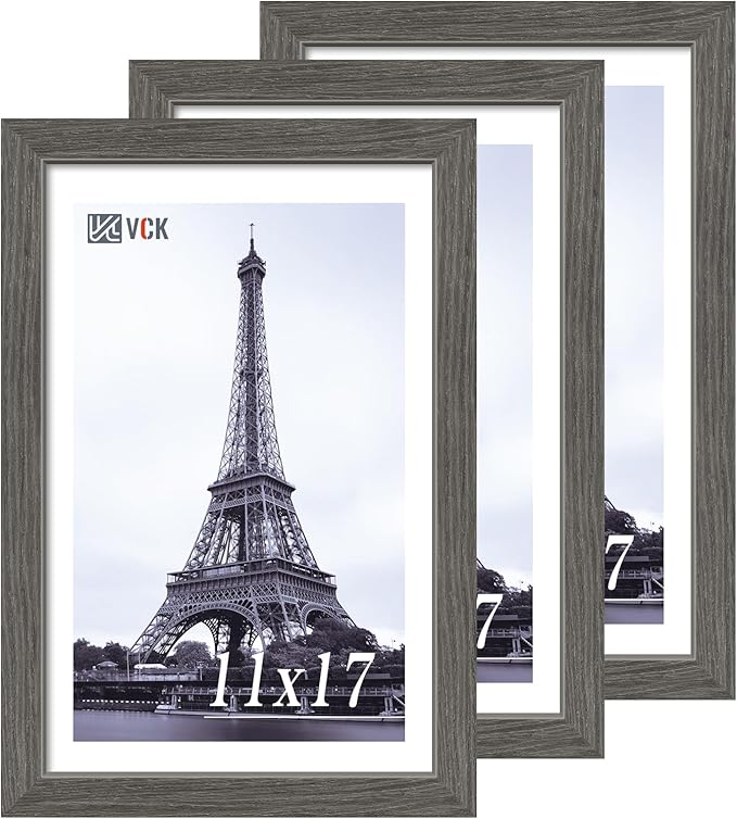 VCK 11x17 Picture Frame 3 Pack, Gray Solid Wood Poster Picture Frame, Exclusive Wood Grain, Wall Mounting Hanging