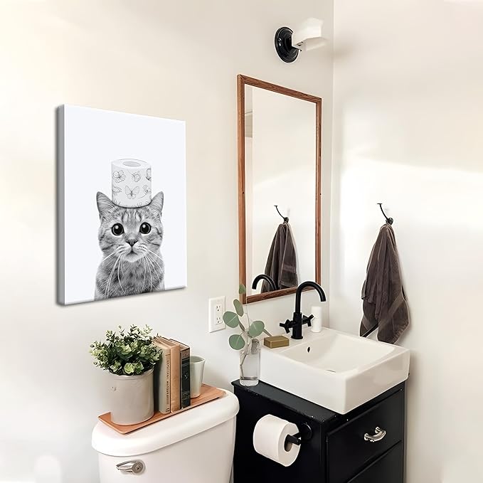 Funny Bathroom Wall Art, Cute Black and White Cat Canvas Wall Decor, Humor Toilet Paper Prints Bathroom Decor, Adorable Animal Picture Paintings Poster Toilet Signs 16x24 inch Framed