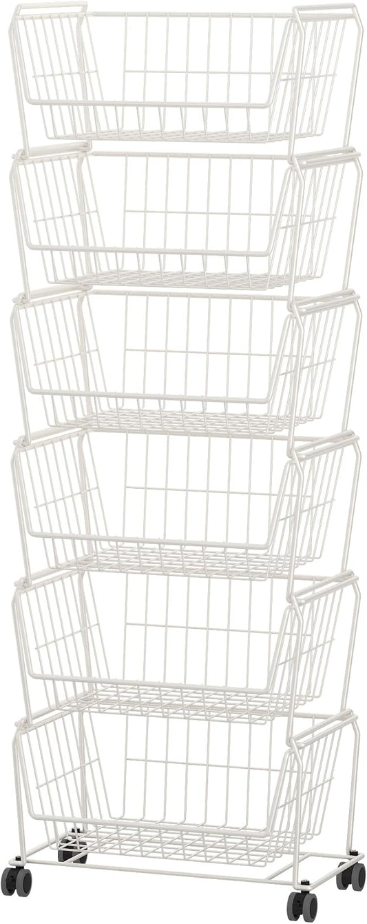 PUSDON Stackable Metal Storage Carts, Dual Use Shelf for Kitchen Fruit Vegetable Baskets with Wheels, Storage Rack for Living Room, Home & Office, Standard White 6 Tiers
