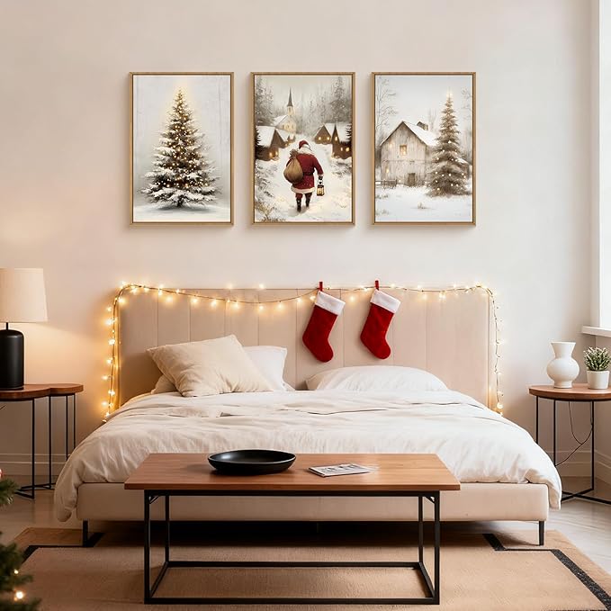 KAIRNE 3 Piece Christmas Wall Art Set, Vintage Rustic Canvas Prints with Santa Claus, Snowy Christmas Tree & Village Scenes, Xmas Eve Decor for Living Room Bedroom Winter Home Decoration 24×36 inch