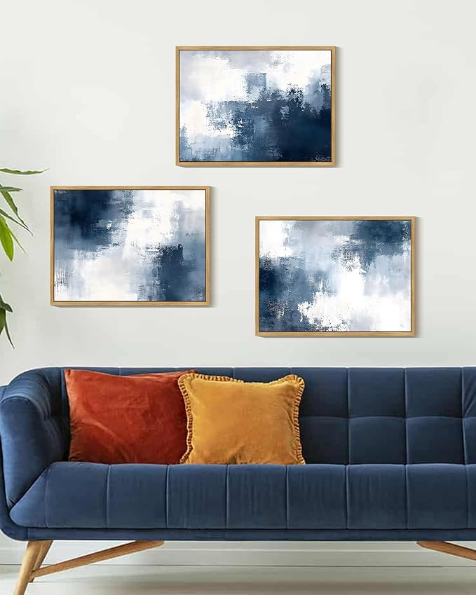 KUVIOKE Navy Blue Abstract Wall Art Framed Neutral Brush Strokes Block Shape Mid Century Art Prints Minimalist Modern Illustrations Bedroom Hallway 12x16in (Natural Framed)