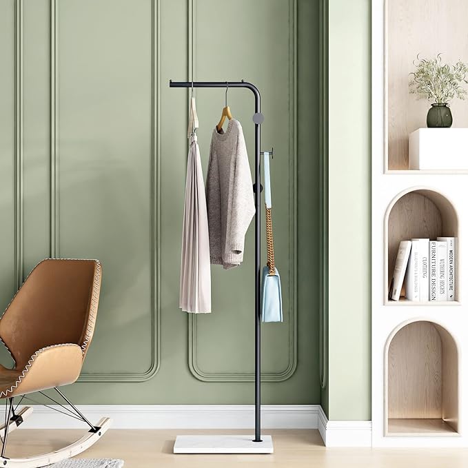 Black Coat Racks with White Base, Entryway Coats Racks Freestanding with 3 Hooks, L Shape Home Coat Hanger for Jackets, Coats, Hats, Clothes