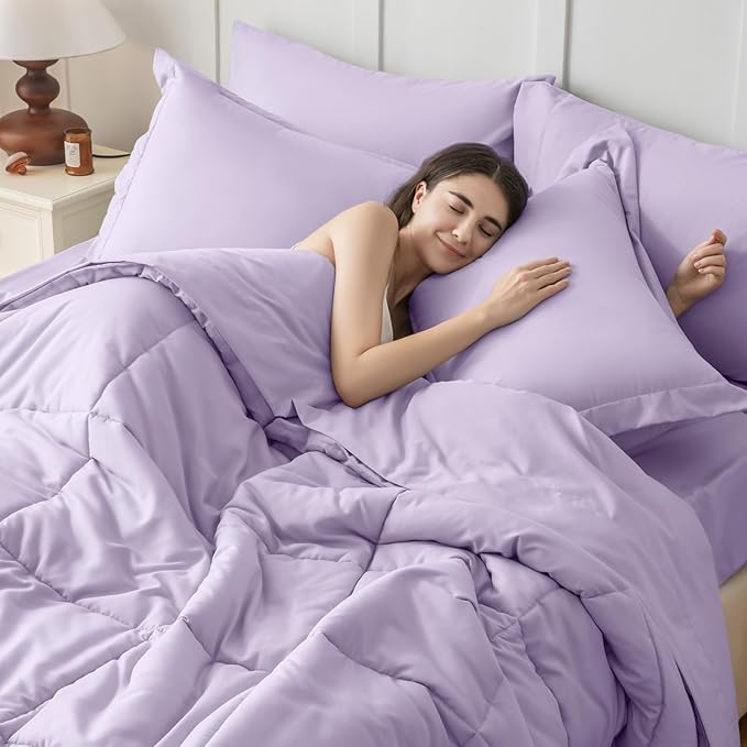 JOLLYVOGUE King Comforter Set, Ultra-Soft Bed in a Bag King Size 7 Pieces, Oeko-TEX Certified Bedding Set with Down Alternative Comforter, Sheets, Pillowcases & Shams, Lavender