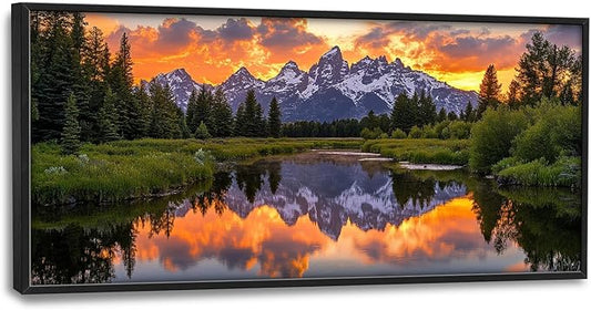 Large Mountain Lake Wall Art for Living Room, Forest Tree Canvas Wall Decor, Sunset Pictures Framed Painting, Natural Landscape Artwork for Bedroom Office 60L'' × 30W''