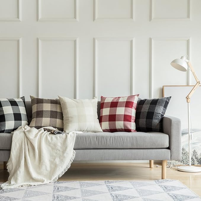 MIULEE Pack of 2 Farmhouse Buffalo Check Plaids Polyester Linen Soft Solid Cream White Decorative Throw Pillow Covers Home Decor Outdoor Cushion Case for Sofa Bedroom 16 x 16 Inch 40 x 40 cm