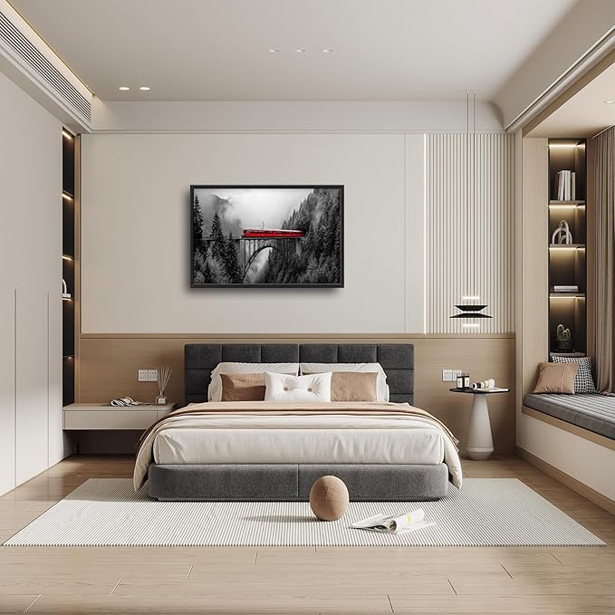 Olivine Train Large Wall Art, Black and White Pictures Wall Decor, Train Painting, Nature Landscape Canvas Prints, Framed Artwork for Dining Room Living Room Bedroom Bathroom Office Home 36"x24"