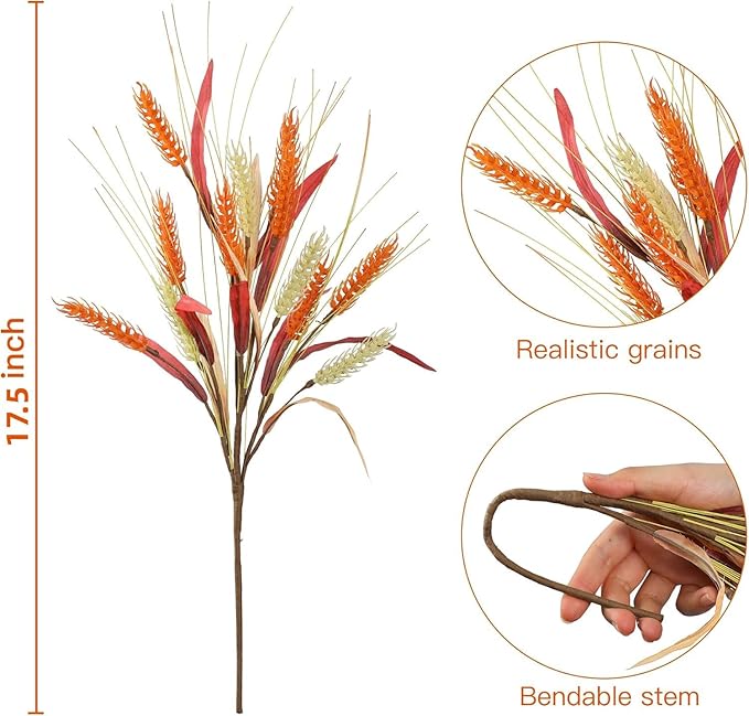 Sggvecsy Artificial Fall Flowers 6 Pcs 17.5 inch Floral Arrangement Fake Floral Stems Autumn Leaves Branches Fall Plastic Bouquets with Grain for Thanksgiving Home Table Centerpieces Wedding Decor