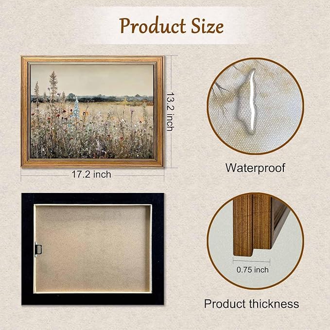 Gold Framed Vintage Wall Art Classical French Landscape Wildflowers Botanical Painting Canvas Print Kitchen Living Room Wall Decor (Champ Fleuri, 16L x 12W)