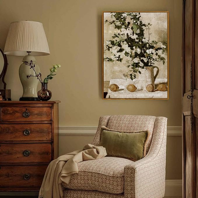 crmotu Vintage Framed Wall Art, Still Life Floral Kitchen Decorations Painting, Lemons and Flowers Canvas Botanical Prints, Retro Wall Pictures for Bedroom Bathroom Farmhouse Office Desktop 12x16in